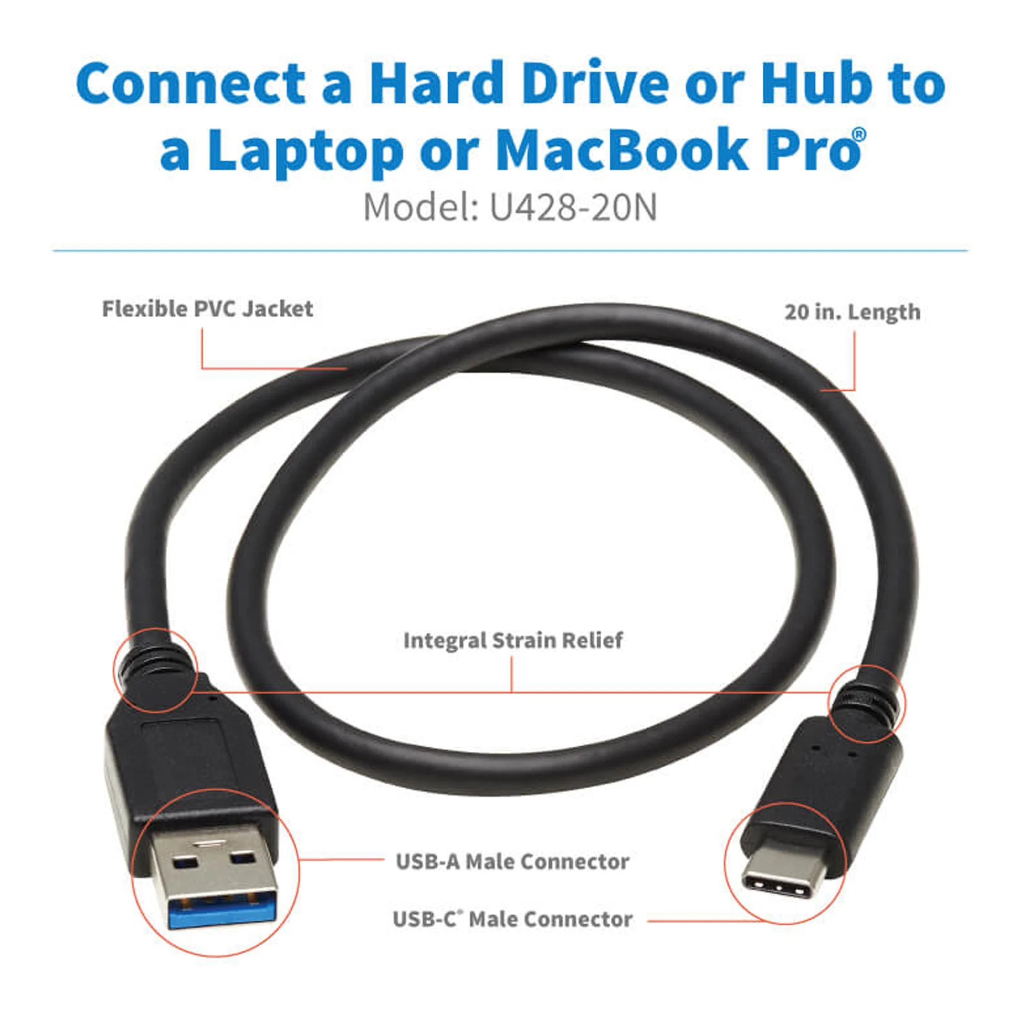 Tripp Lite U428-20N 20in USB Type-C Male to USB Type-A Male Cable - Black - Image 4