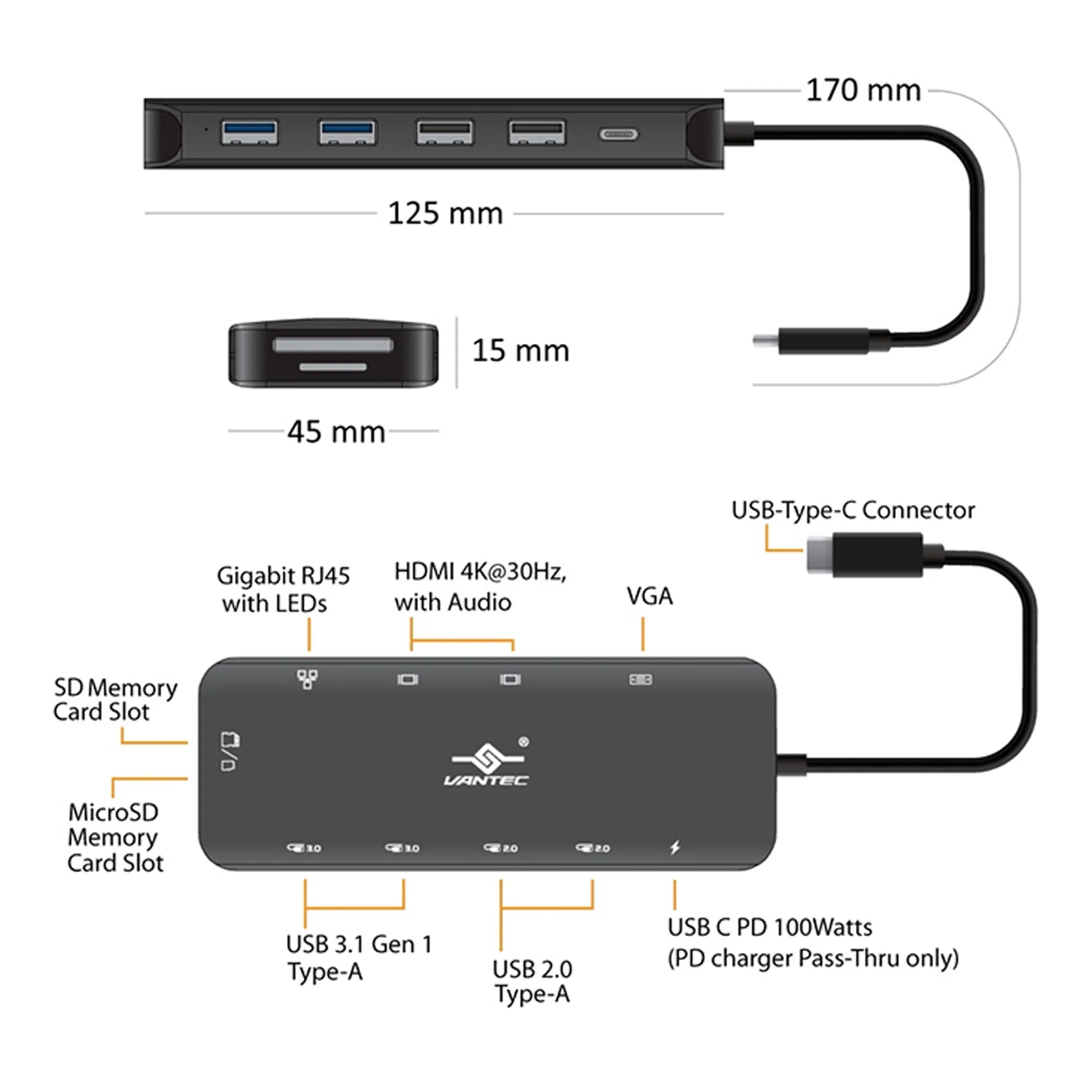 Vantec CB-CU302MDSH Link USB-C Multi-Function Hub with 100W Power Delivery - Image 5