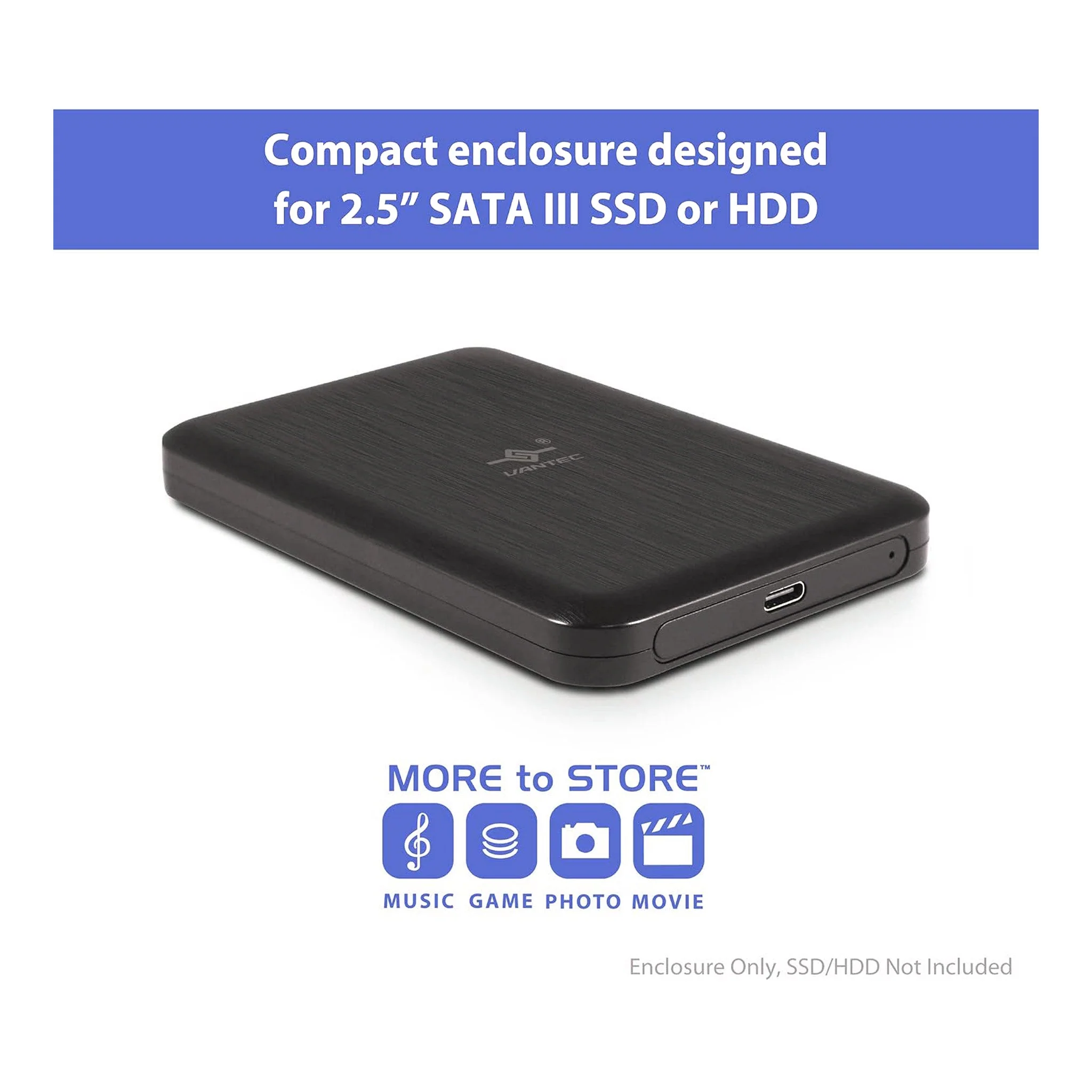 Vantec NST-258S3-BK NexStar JX USB 3.2 Type-C 2.5" SATA Drive Enclosure - 9.5mm/7mm SSD/HDD - Black - Image 2