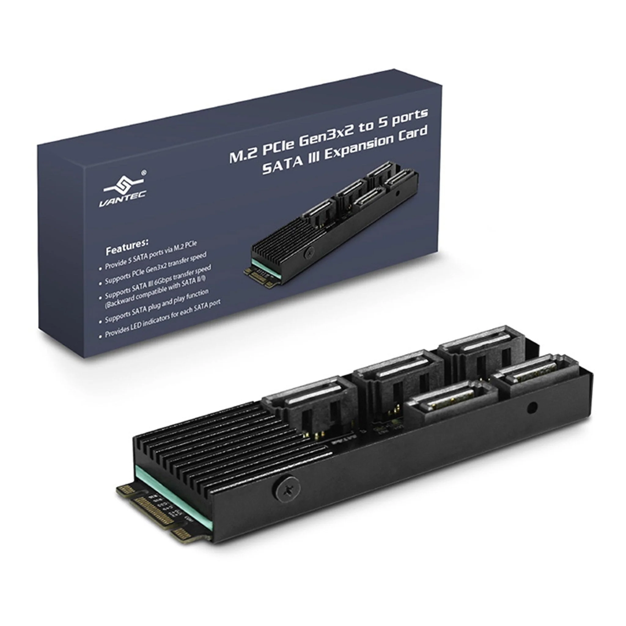 Vantec UGT-M2670 M.2 PCIe Gen3x2 B+M Key To 5 Ports SATA III Expansion Card