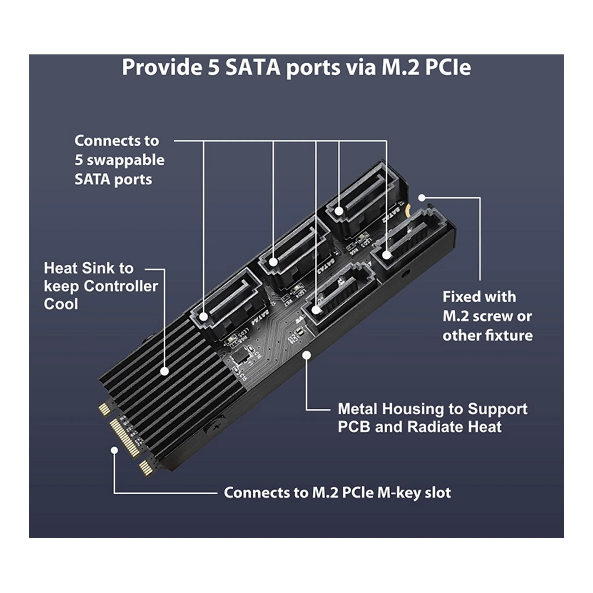 Vantec UGT-M2670 M.2 PCIe Gen3x2 B+M Key To 5 Ports SATA III Expansion Card - Image 3