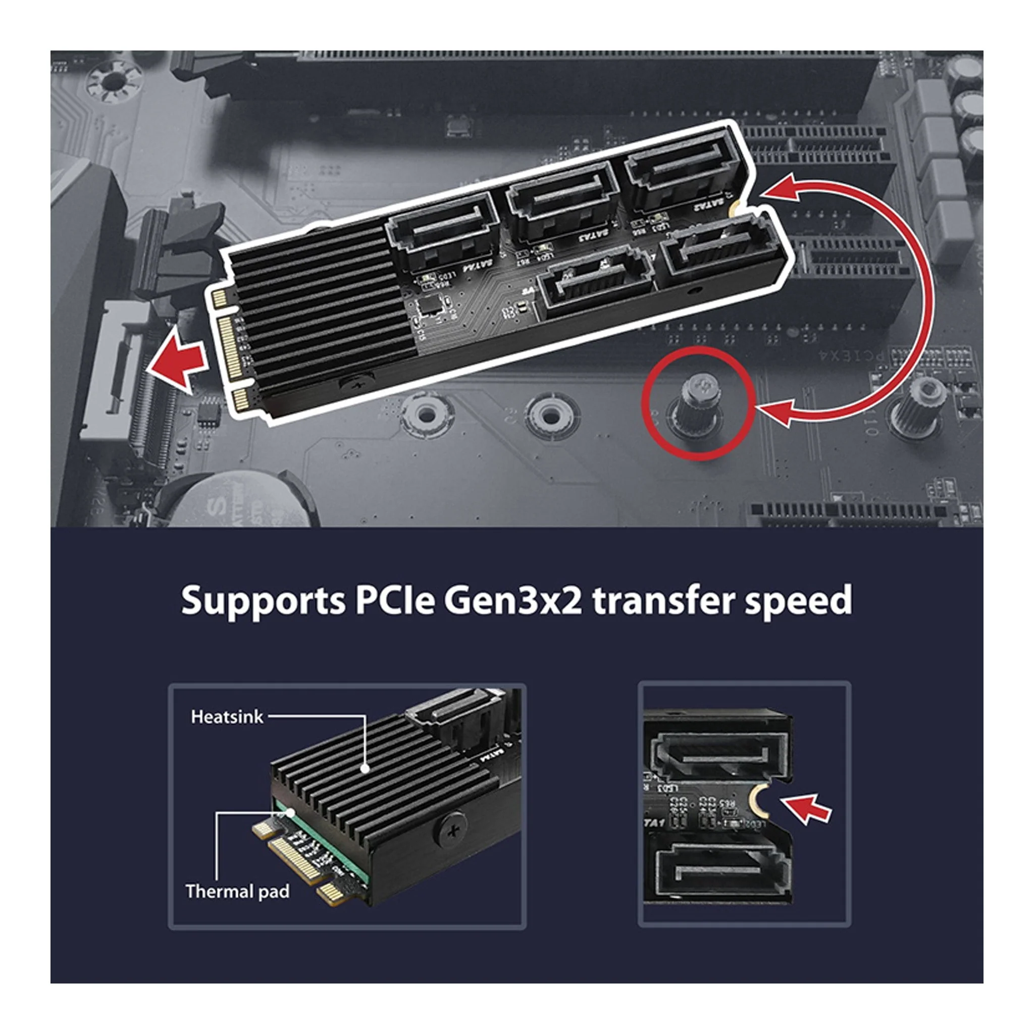 Vantec UGT-M2670 M.2 PCIe Gen3x2 B+M Key To 5 Ports SATA III Expansion Card - Image 4