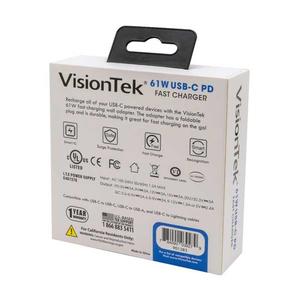 VisionTek 901283 61W USB-C Power Delivery Fast Charging Adapter with Foldable Plug Wall Charger - Image 3