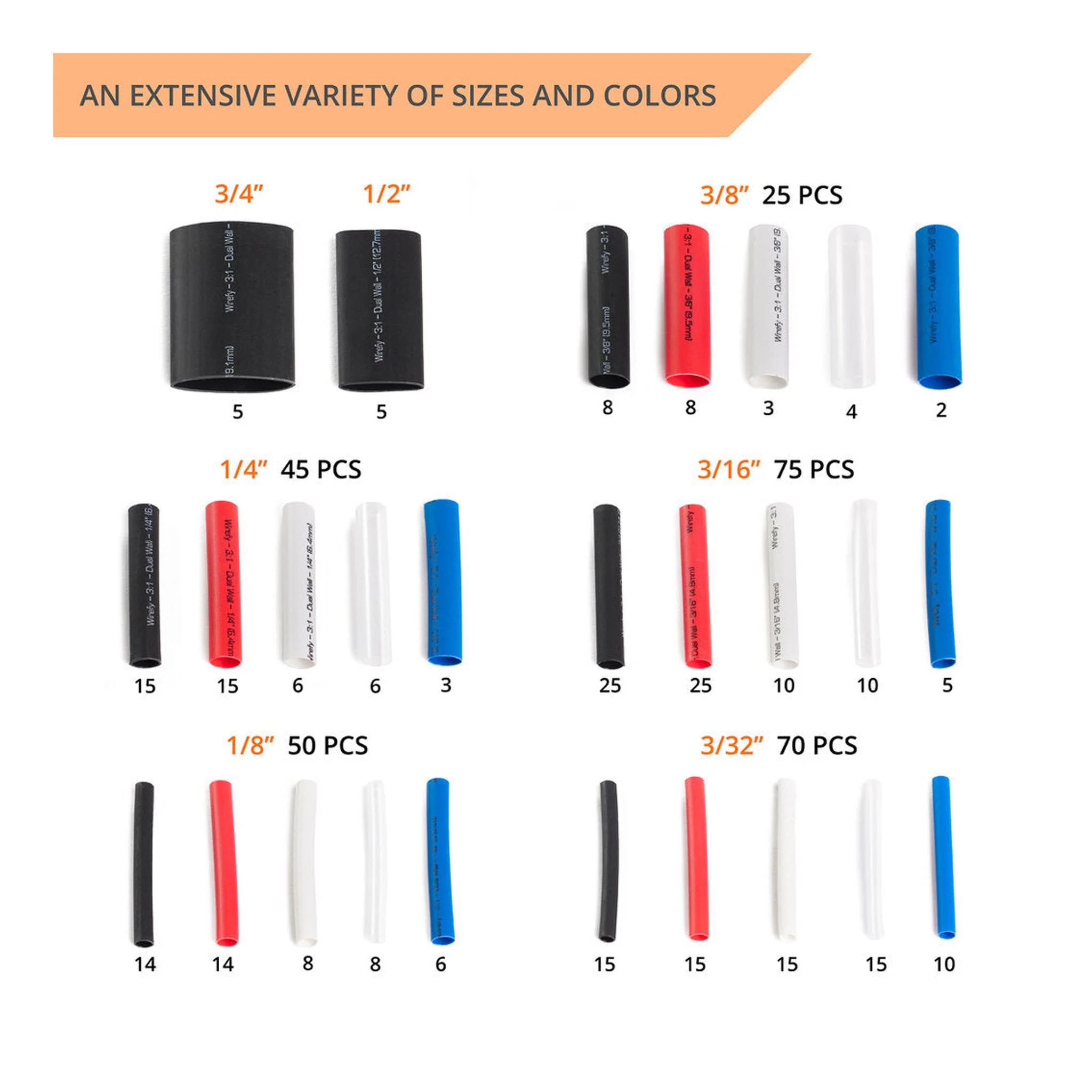 Wirefy 275-Piece 5-Color 3:1 Adhesive Heat Shrink Tubing Kit - Image 3