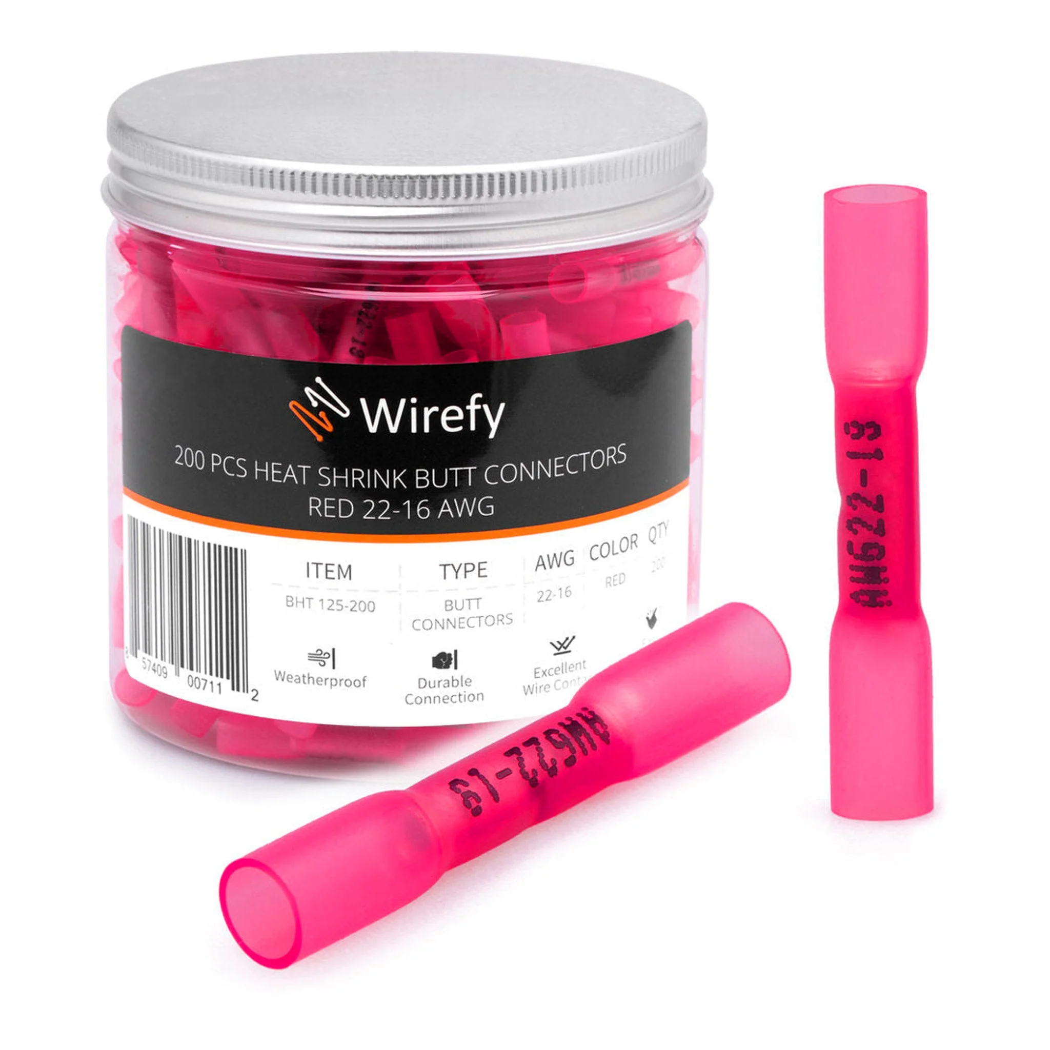 Wirefy BHT125-200 22-16AWG Heat Shrink Butt Connectors - 200-Piece, Red